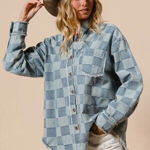 ✨NWT BiBi Frayed Edged Detail Washed Checker Denim Shirt